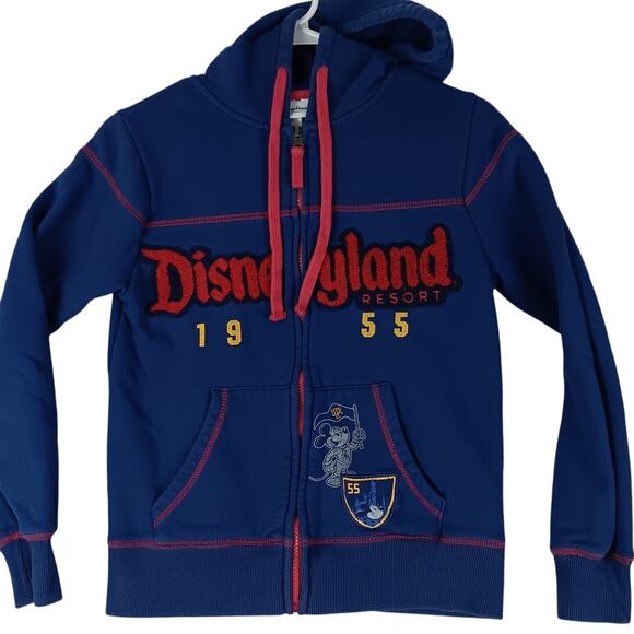 Disney Parks Disneyland Resort Hoodie Youth XS Blue Patched Full Zip 1955 - Picture 2 of 12